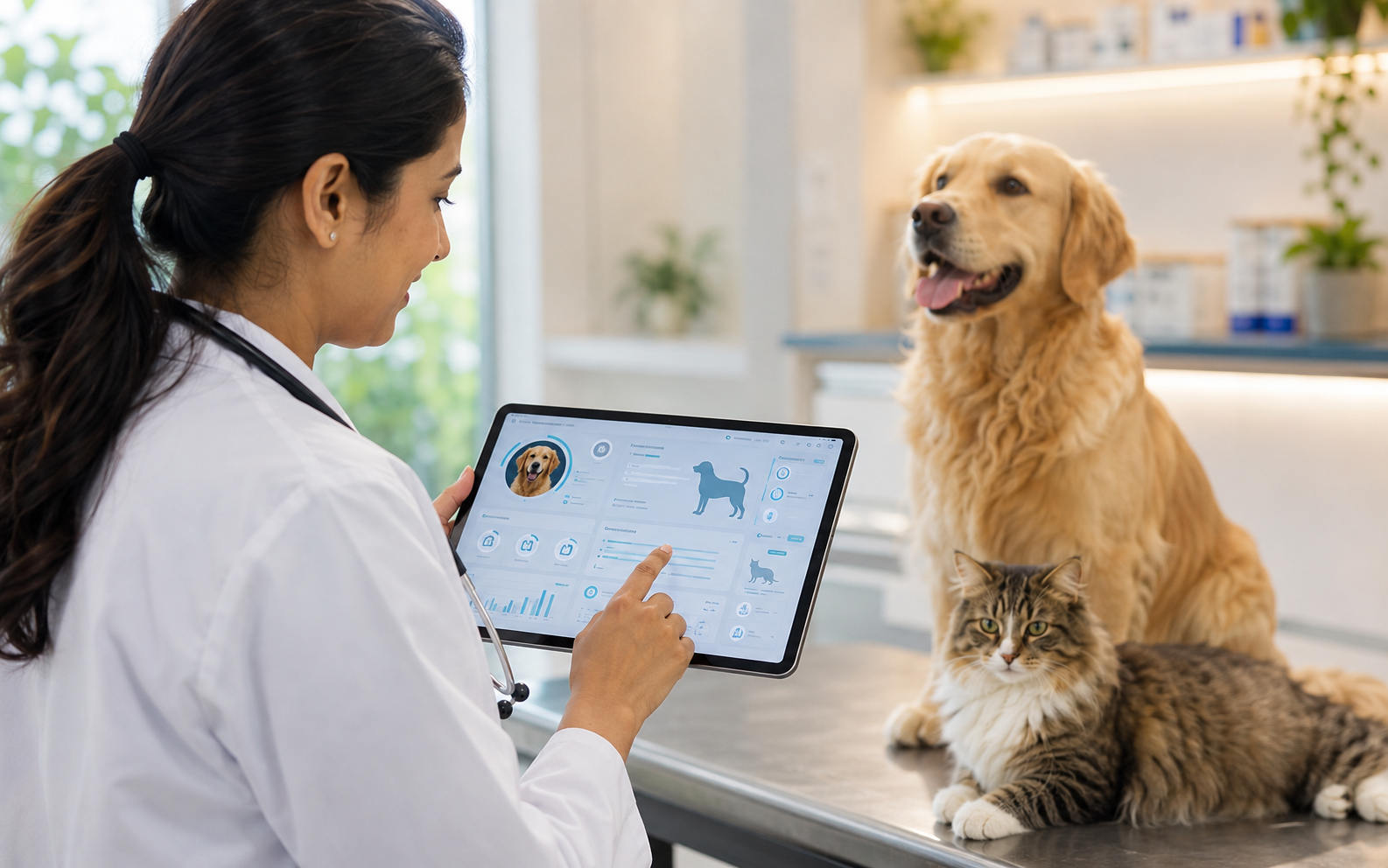 Veterinarian reviewing an animal health record on a tablet beside a dog and cat