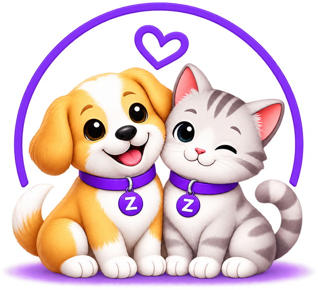 Znuffi dog and cat mascots with heart